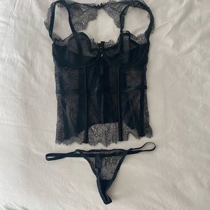Victoria’s Secret Lingerie Set 34DD black lace corset and thong NWOT